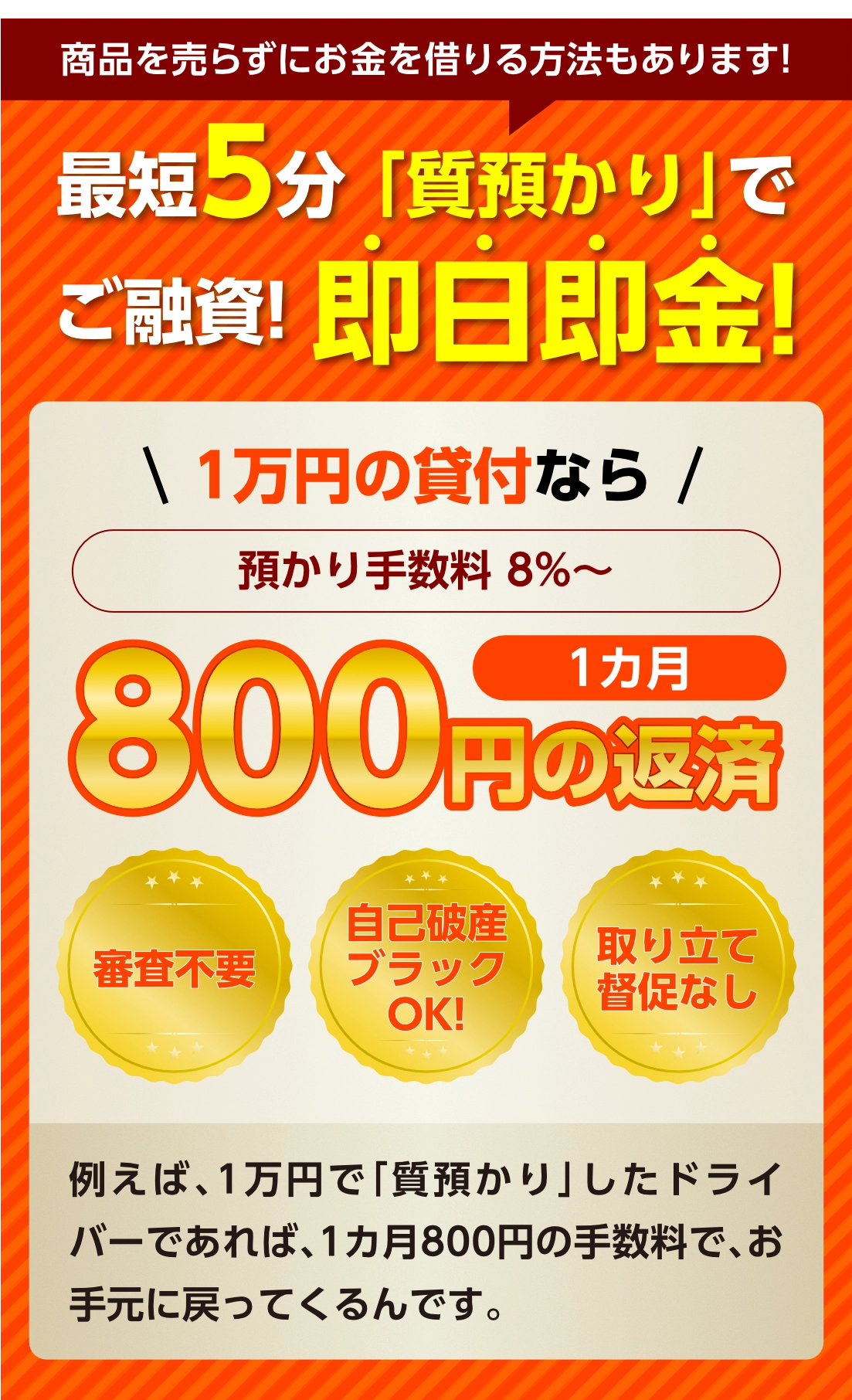 最短5分「質預かり」でご融資! 即日即金!